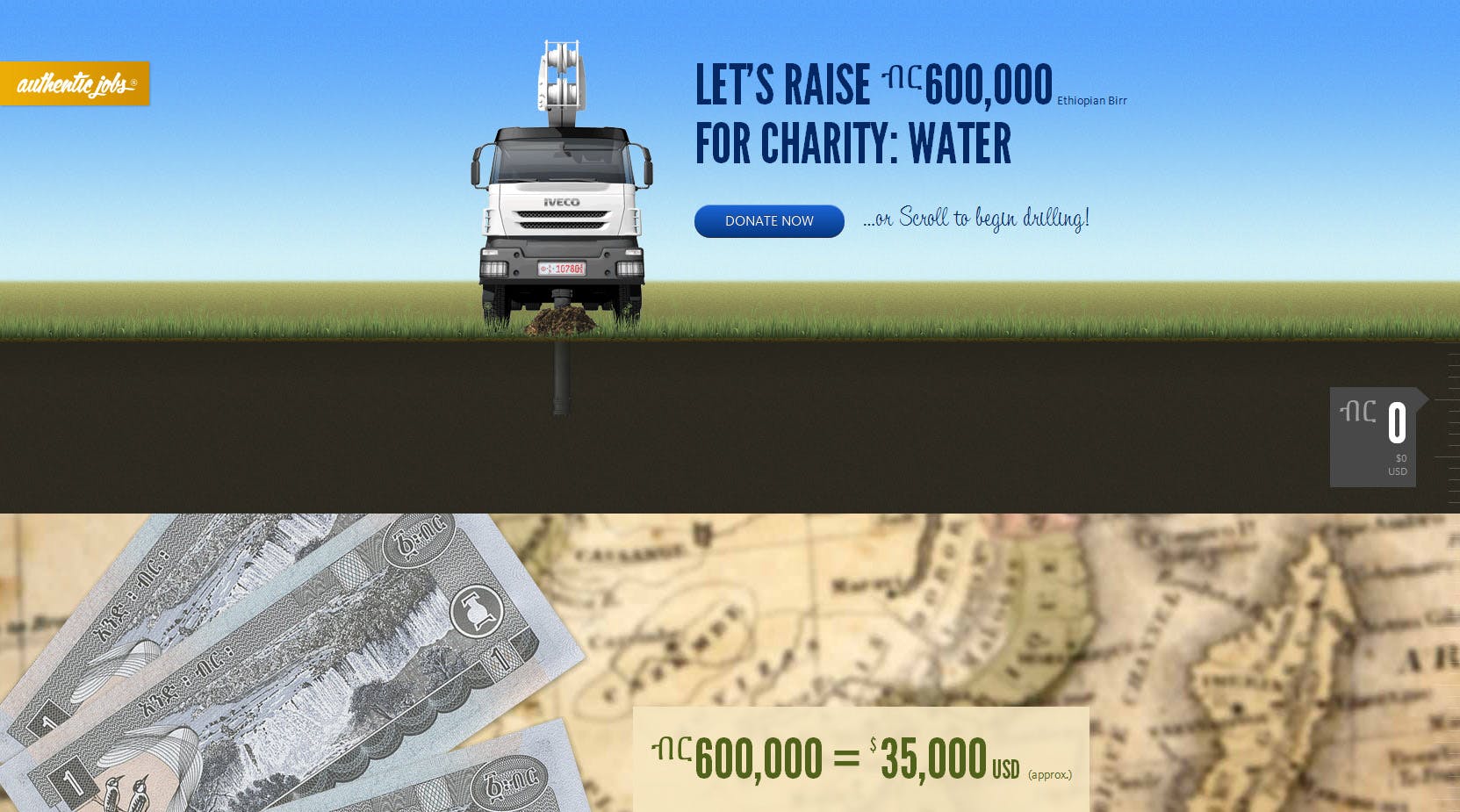 Authentic Jobs Charity: Water Campaign 2011 Website Screenshot