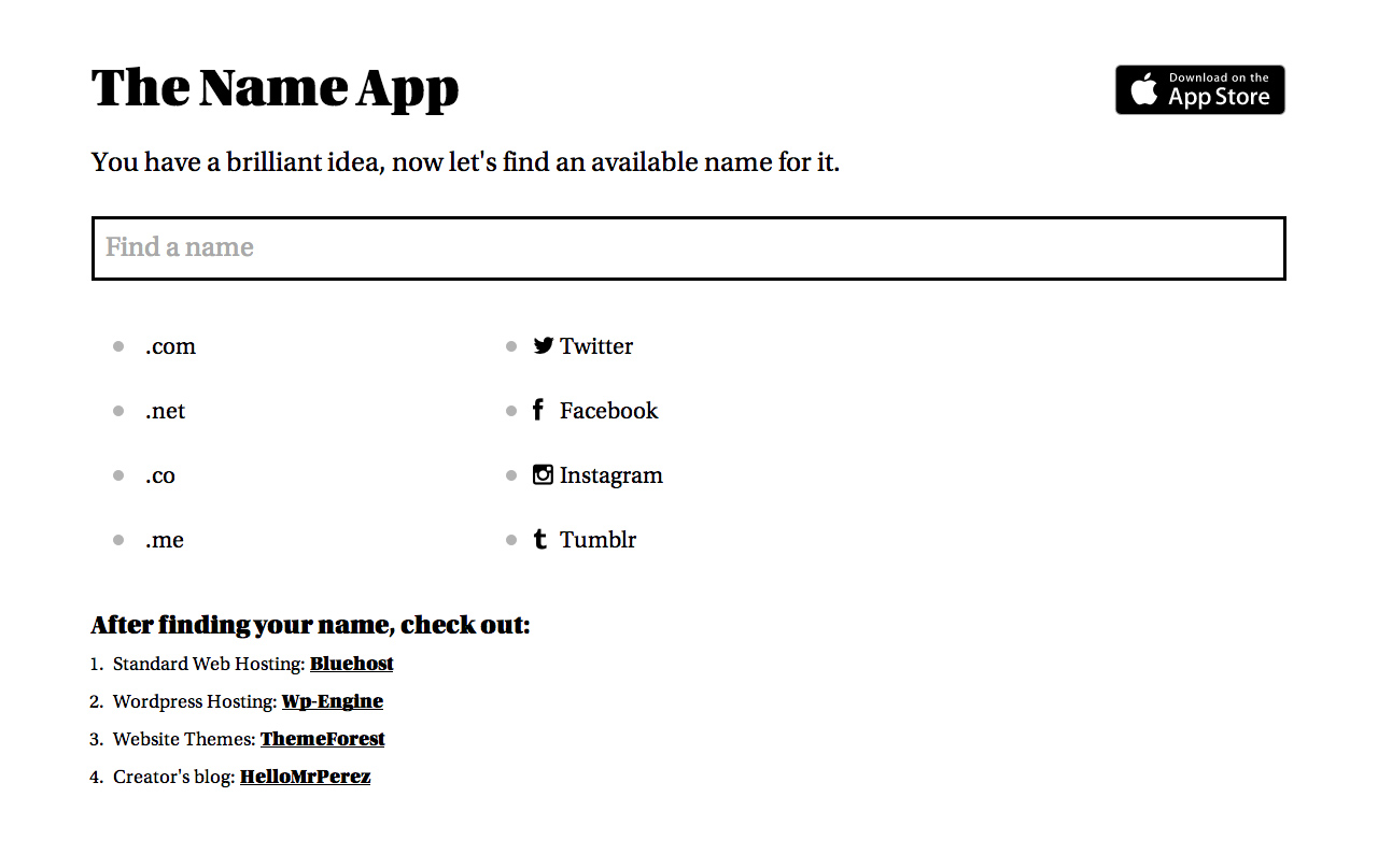 The Name App Website Screenshot