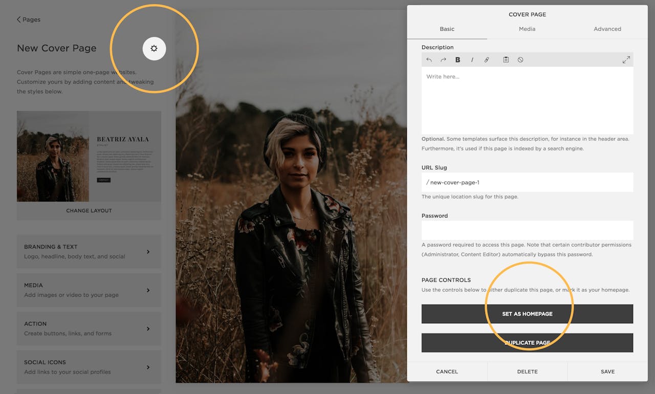 Squarespace Cover Page Settings Screenshot