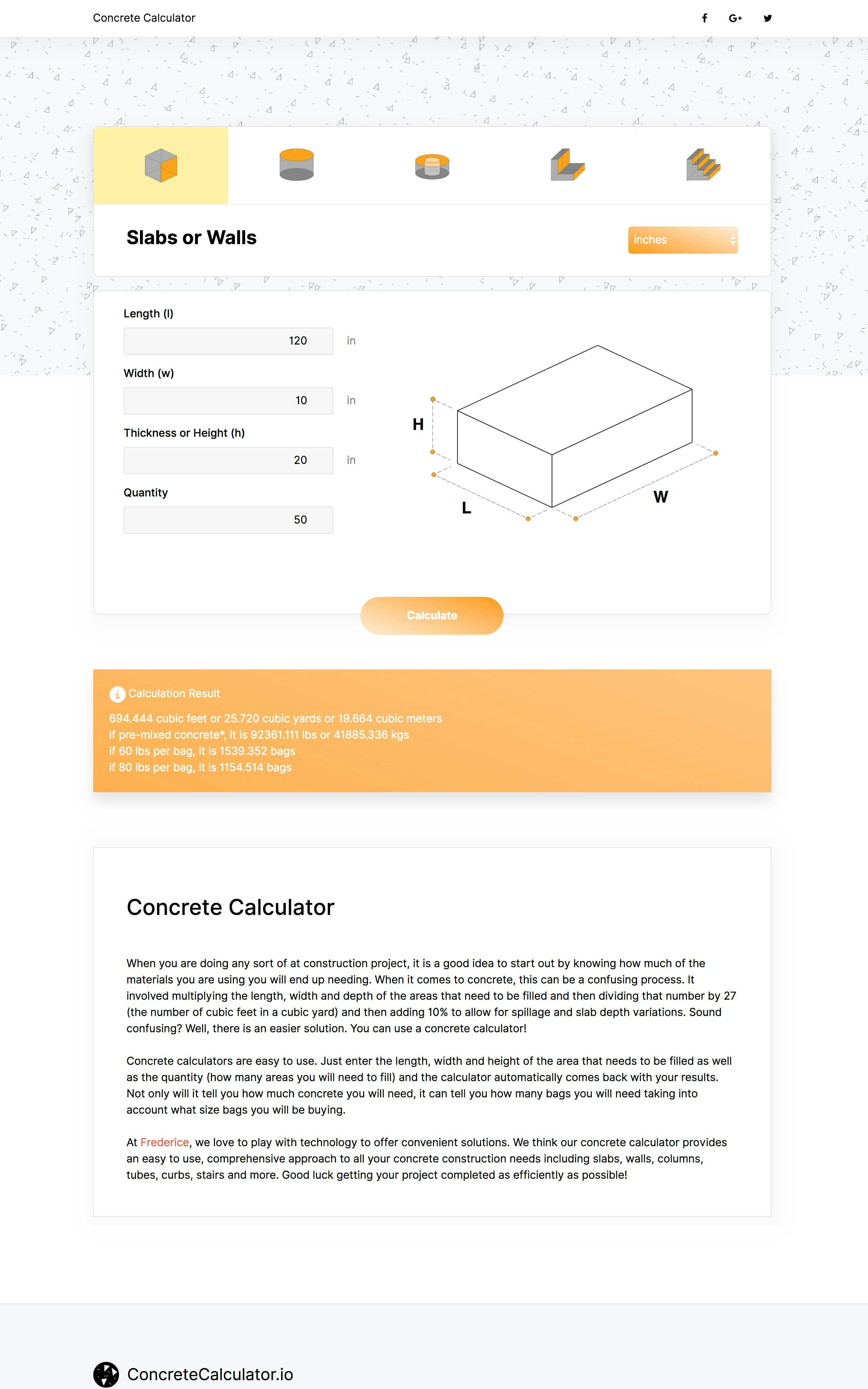 Concrete Calculator Website Screenshot