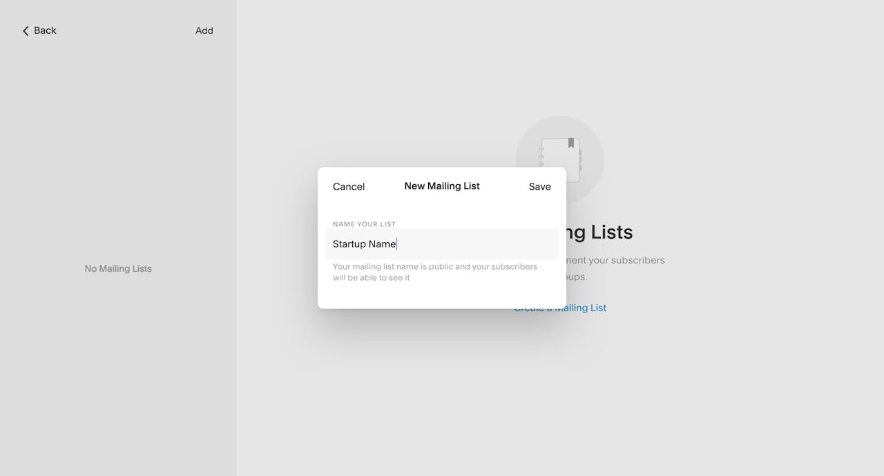 Create a Mailing List options: Screenshot