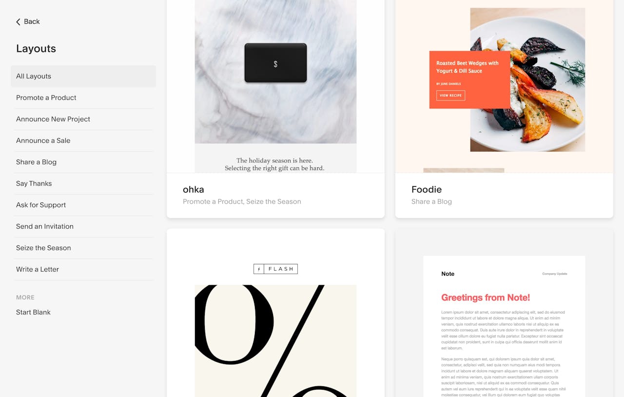 Squarespace Email Marketing Campaign Layouts Screenshot