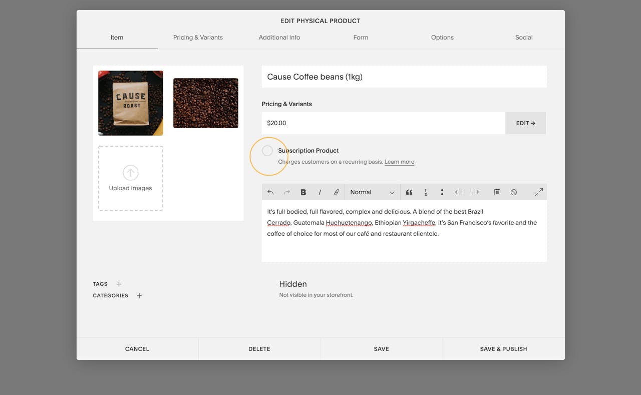 Setting product as a Subscription product Screenshot
