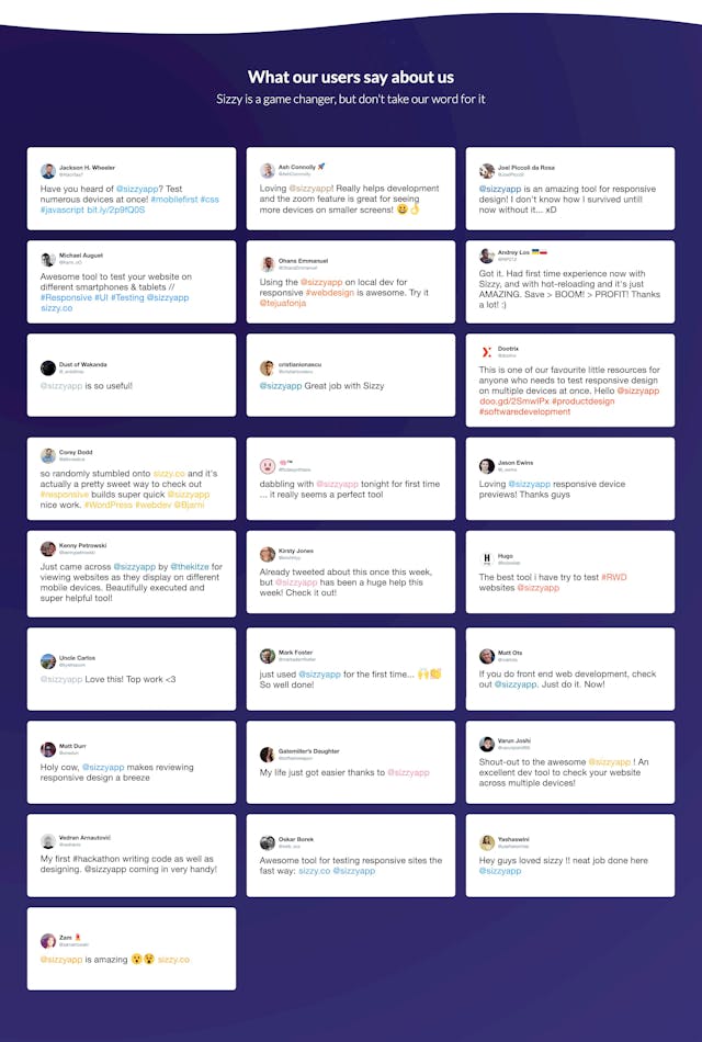 Sizzy Testimonial Tweets Preview