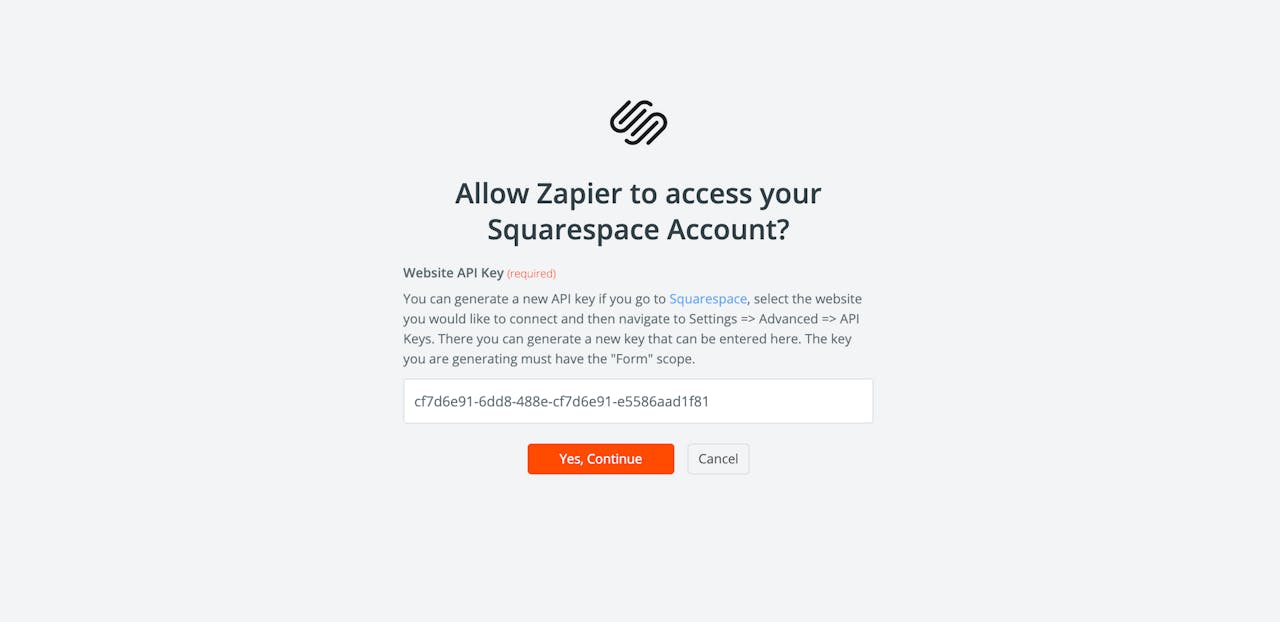 Pasting the Squarespace API in Zapier Screenshot