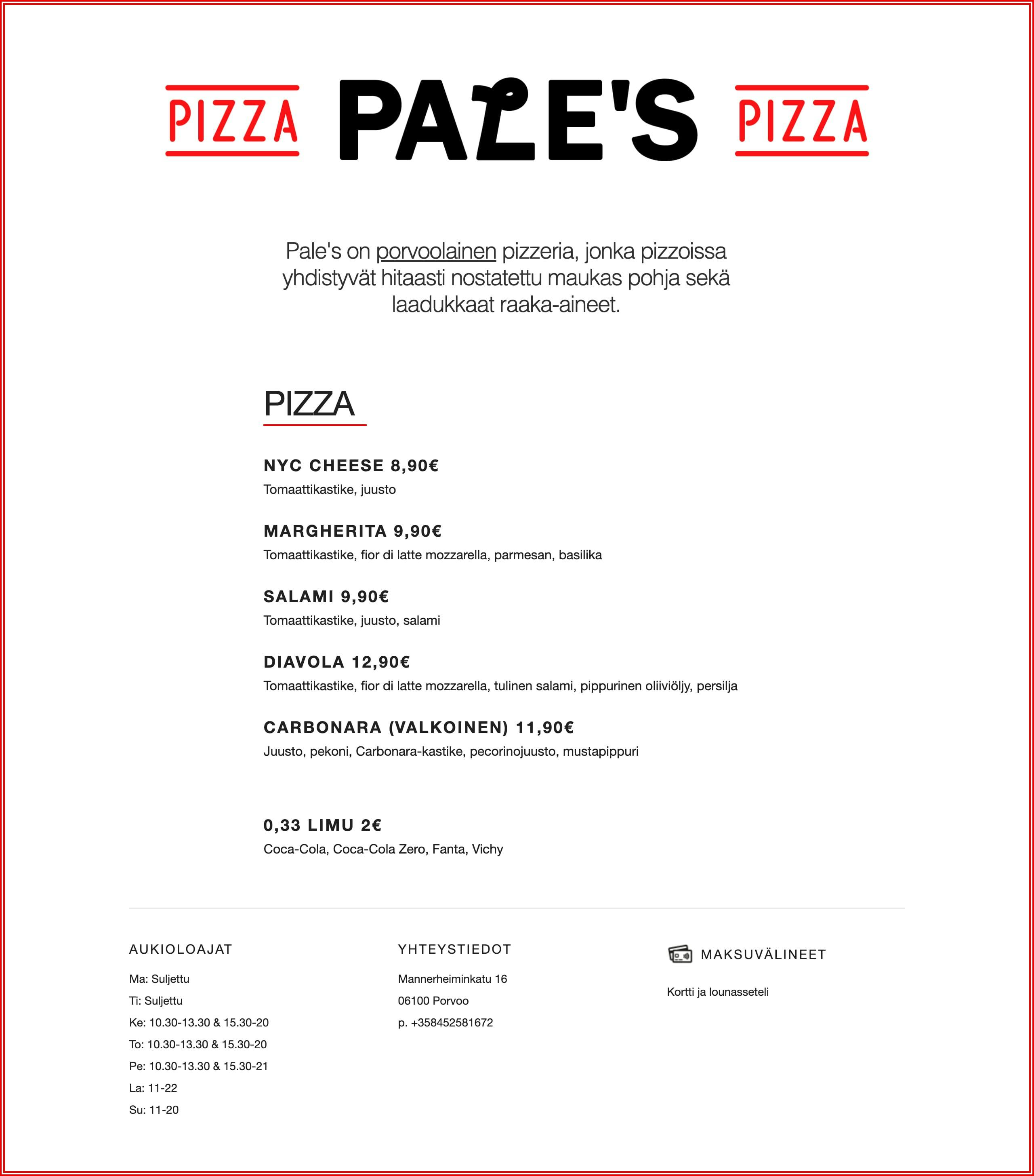 Pizzeria Pale’s Website Screenshot