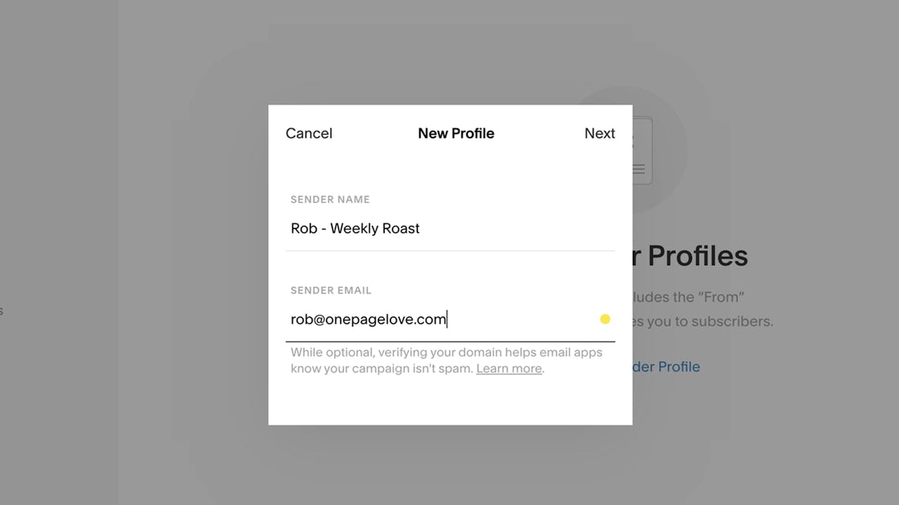 Adding your Sender Profile Screenshot