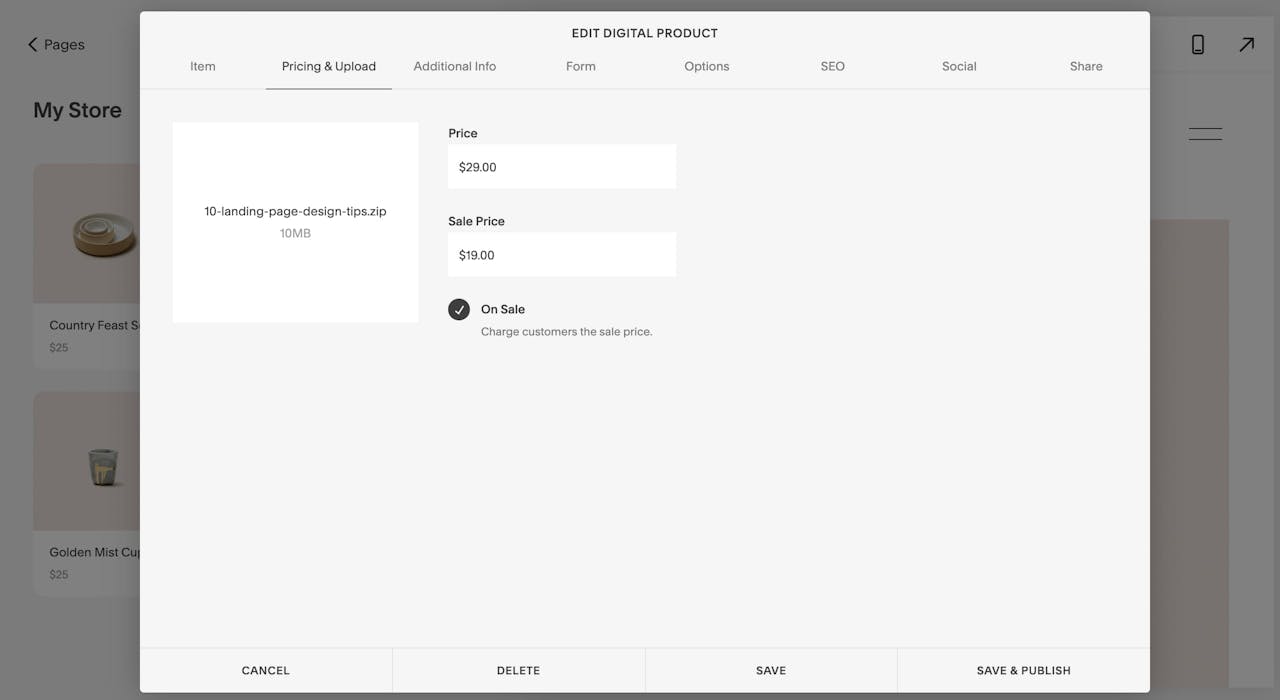 Squarespace digital products - upload & pricing Screenshot