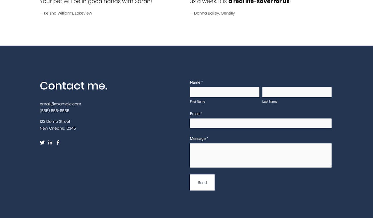 Sarah Young Landing Page - contact content block Screenshot