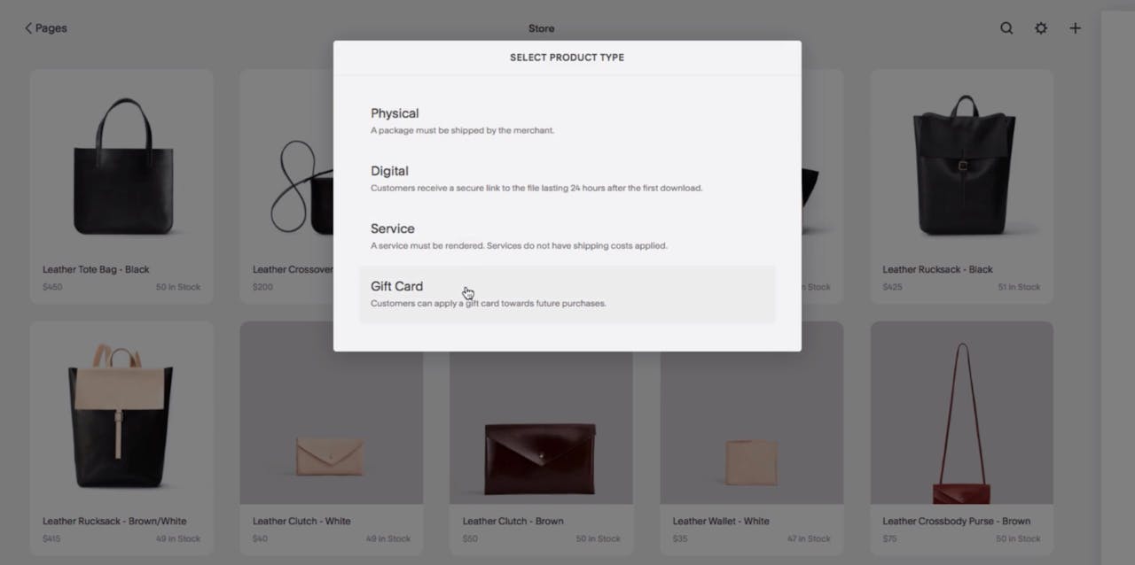 Squarespace Gift Cards - product option Screenshot