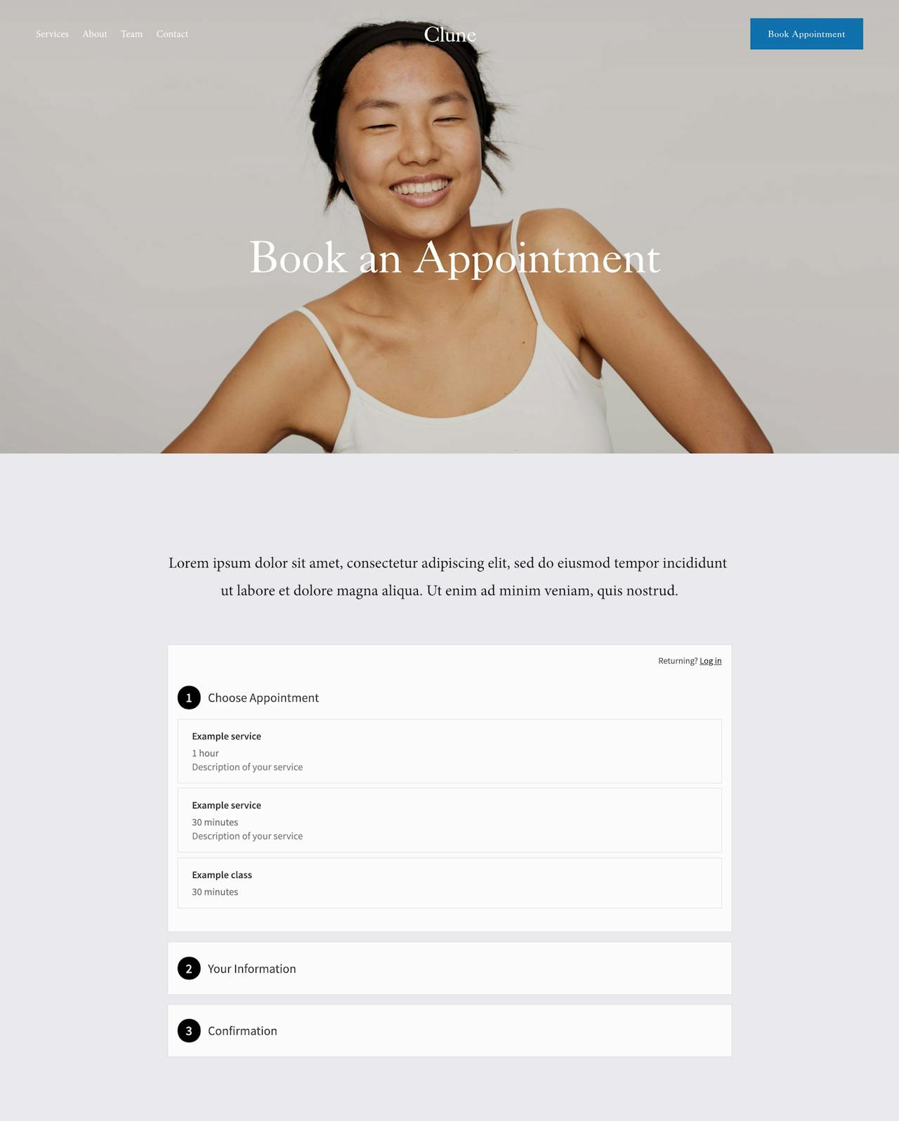 Squarespace Clune Template - Booking Page Preview Screenshot