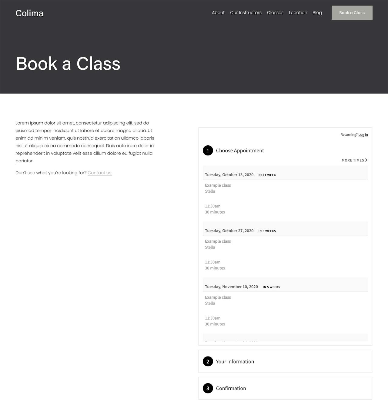 Squarespace Colima Template - Booking Page Preview Screenshot