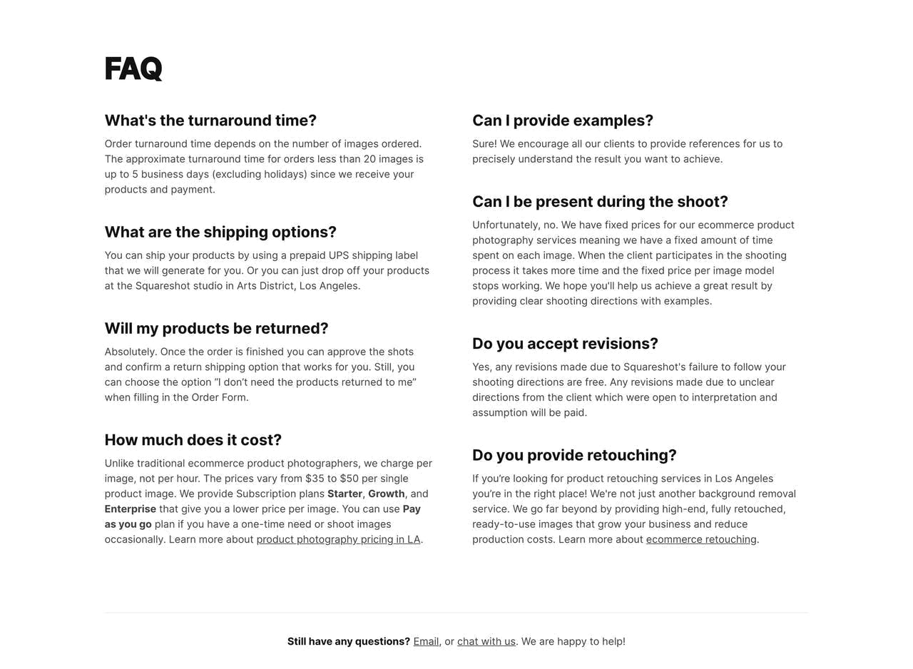 FAQ Section - Squarespace Product Photography Screenshot