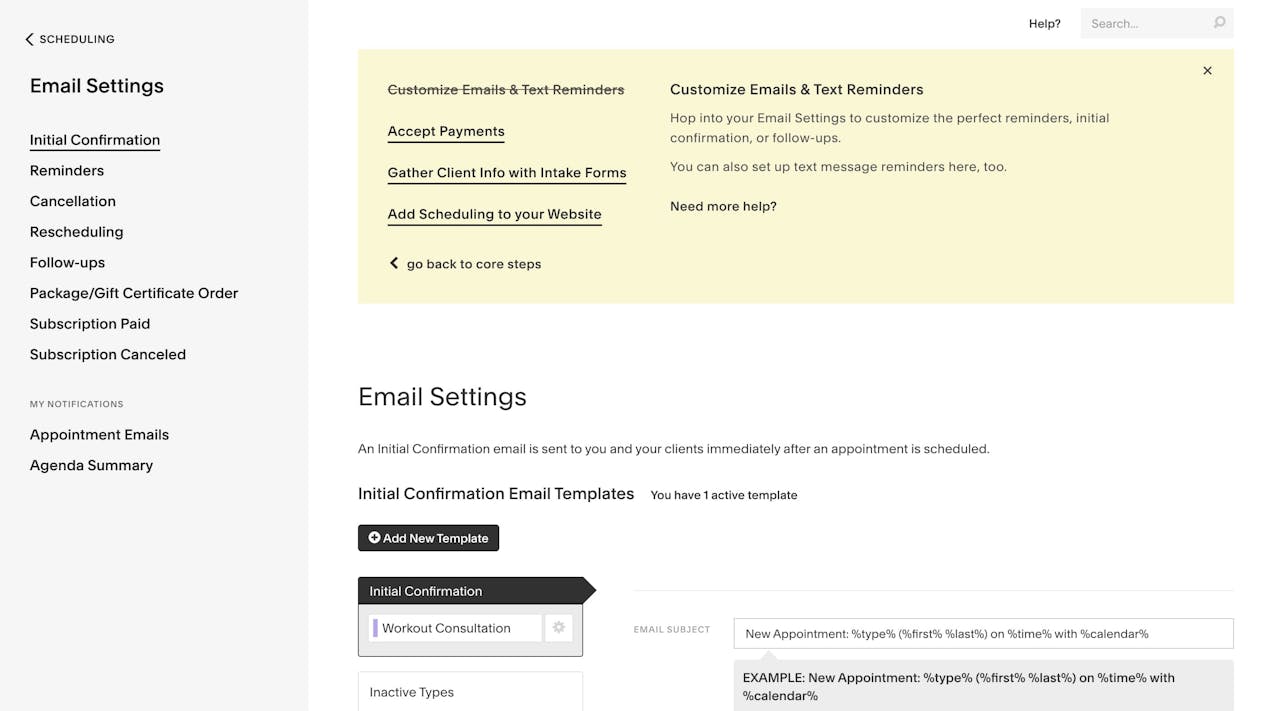 Squarespace Scheduling - Configure Emails Screenshot
