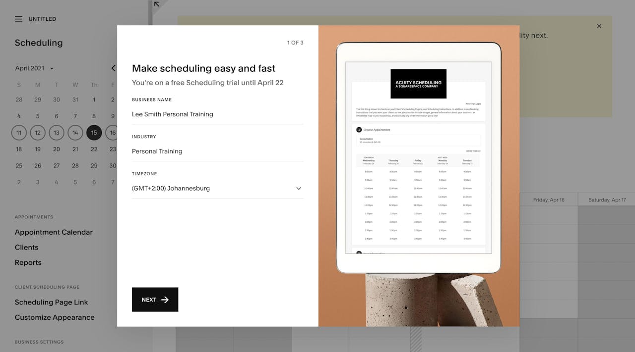 Squarespace Scheduling - On-boarding 1 of 3 Screenshot