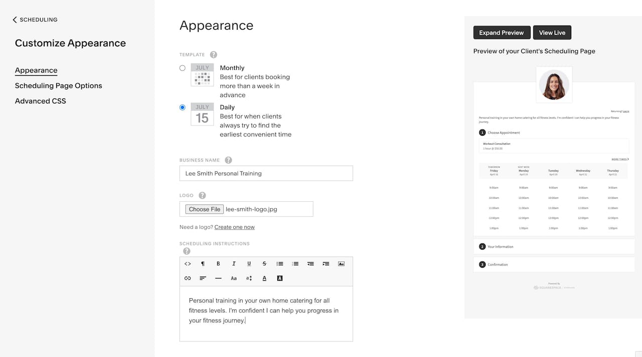 Squarespace Scheduling - Customize Scheduling Page Appearance Screenshot
