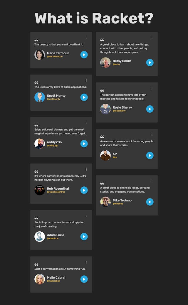 Racket Beta Testimonials Preview