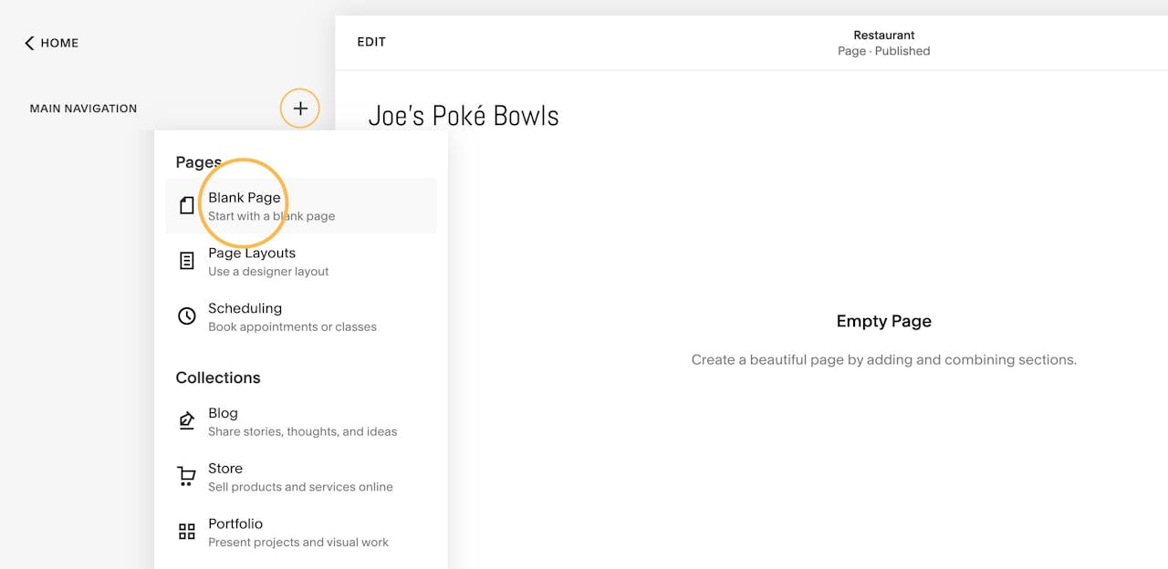 Squarespace - add blank page Screenshot