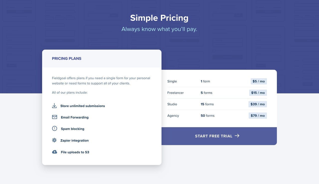 Pricing Table - FieldGoal Screenshot