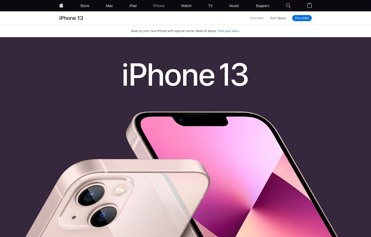 iPhone 13 Landing Page with main header navigation Screenshot