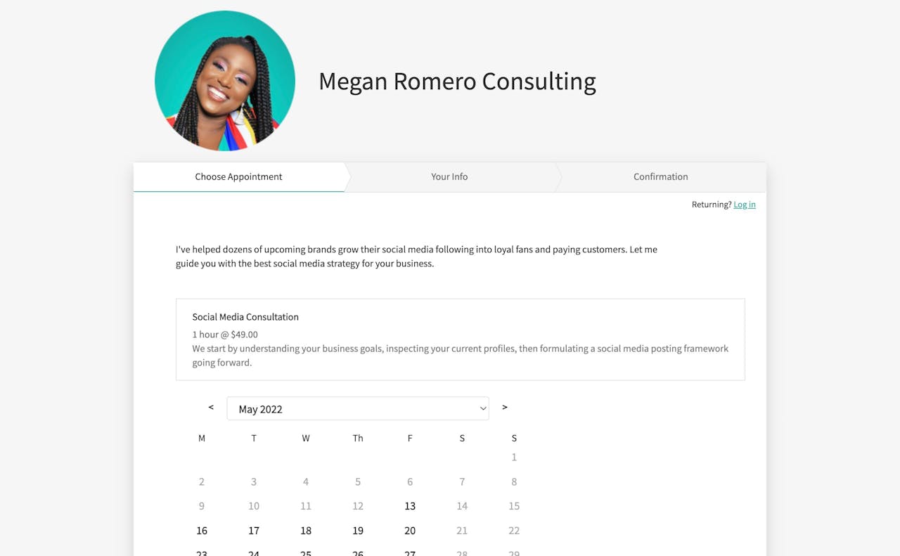  Megan Romero Consulting - Squarespace Scheduling Page Screenshot