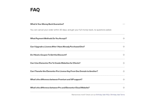 Elementor 6th Birthday Sale FAQ Accordion Preview