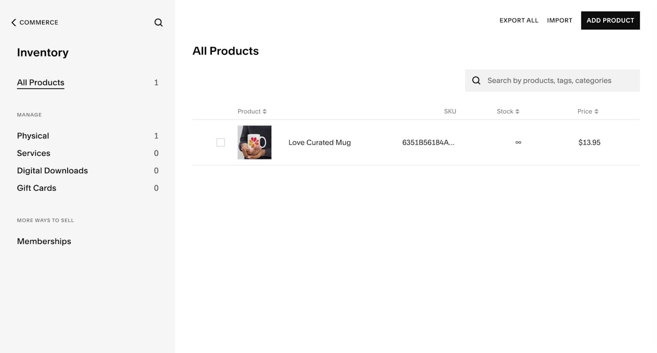 Squarespace Product Inventory Screenshot