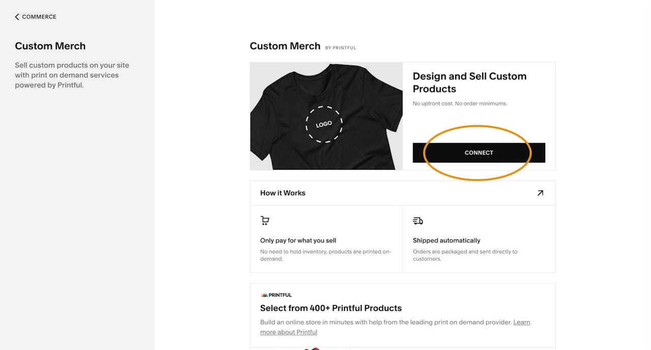 Connect Squarespace with Printful Screenshot