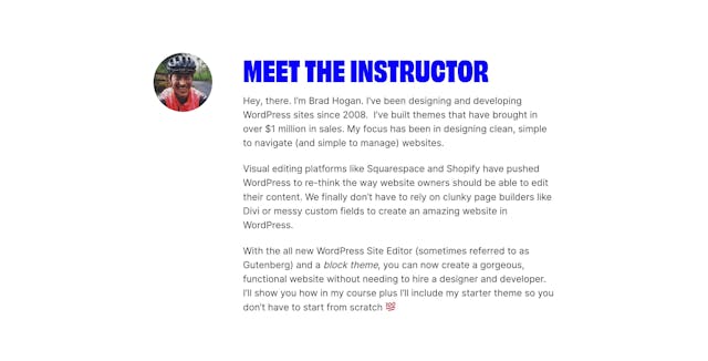 Block Themes Pro Course Biography Preview