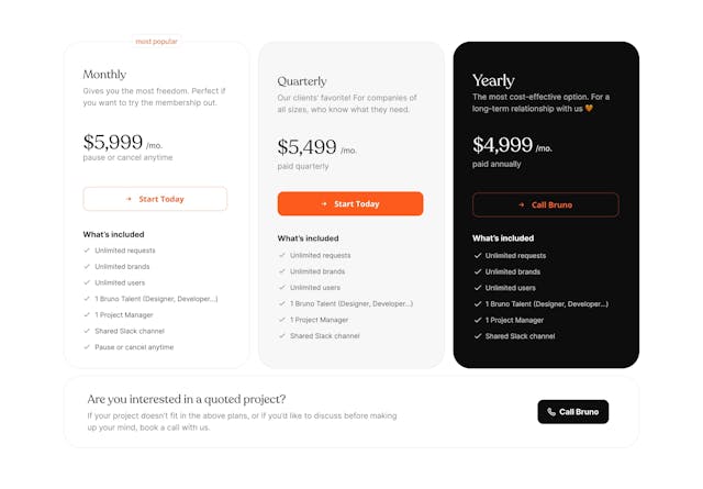 Bruno Membership Pricing Table Preview