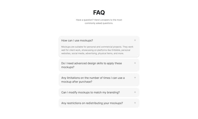 Craftwork Mockups FAQ Accordion Preview
