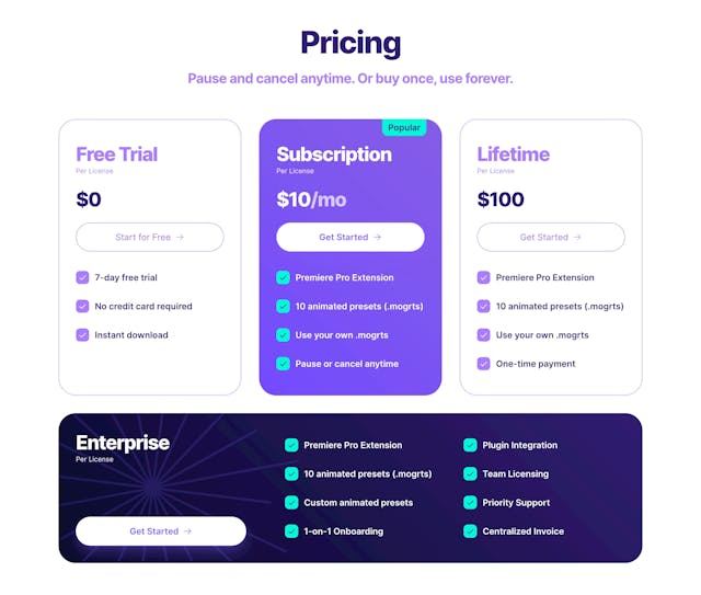 Captioneer Pricing Table Preview
