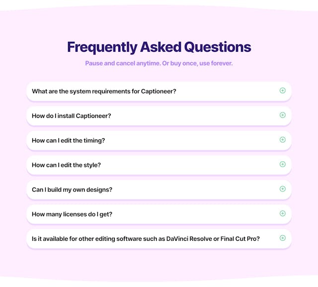 Captioneer FAQ Accordion Preview