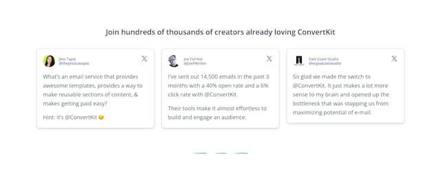 Convert Kit – Newsletter Plan Testimonial Tweets Preview
