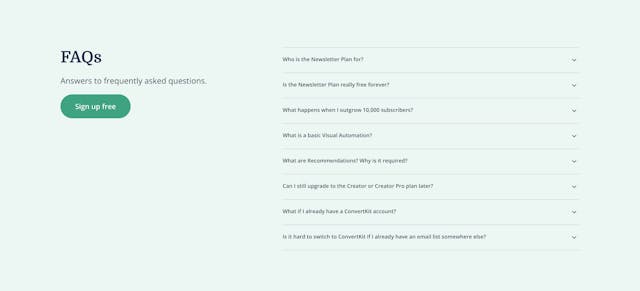 Convert Kit – Newsletter Plan FAQ Accordion Preview
