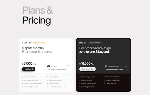 Off Menu Pricing Table Preview