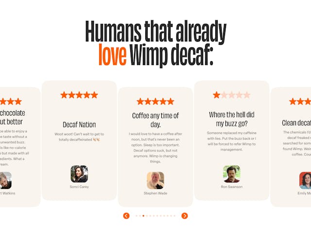 Wimp Decaf Coffee Co Testimonial Slider Preview