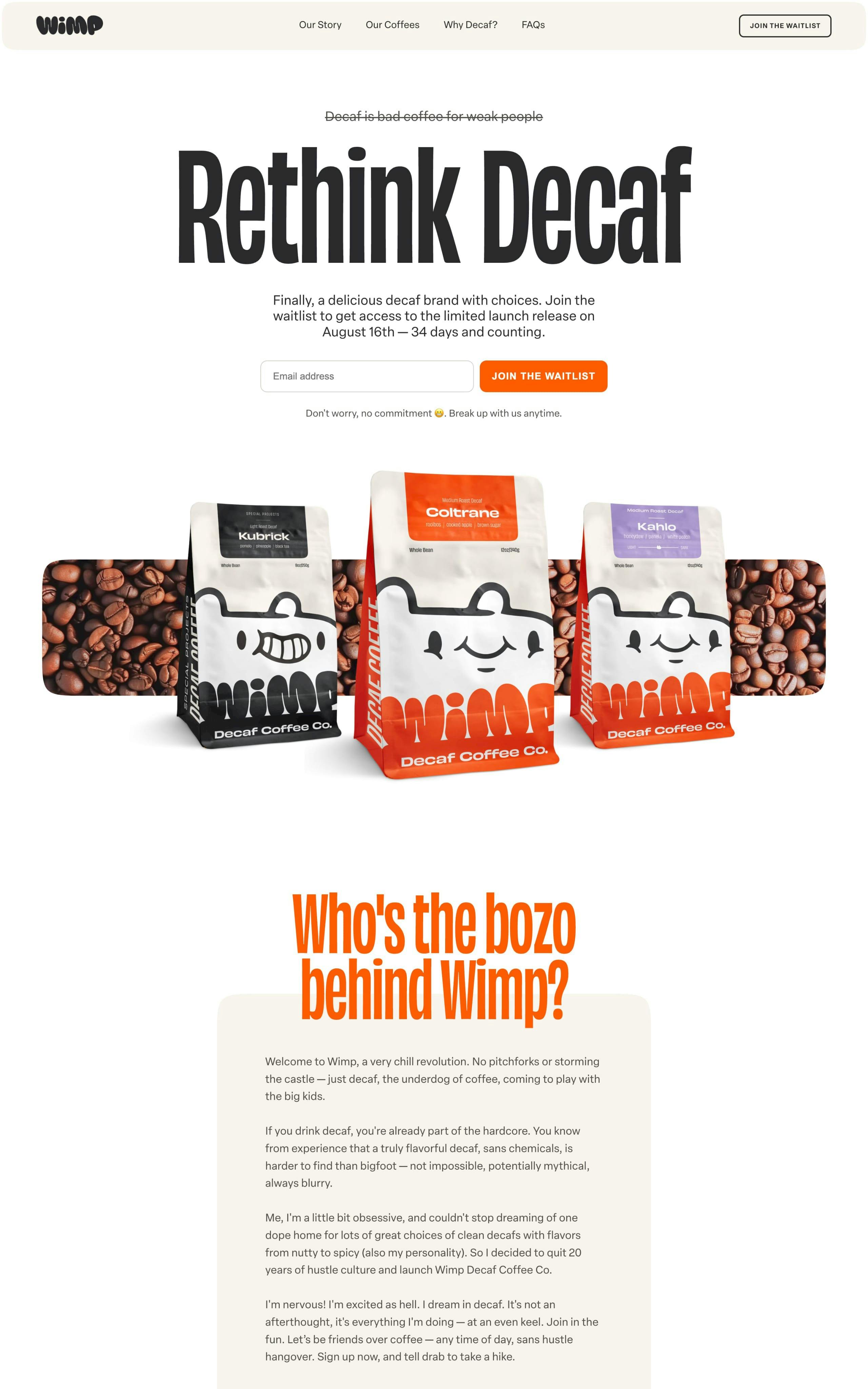 Wimp Decaf Coffee Co Website Screenshot