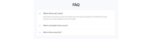 iPhone Creator Course FAQ Accordion Preview