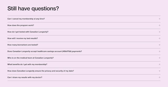 Canadian Longevity FAQ Accordion Preview
