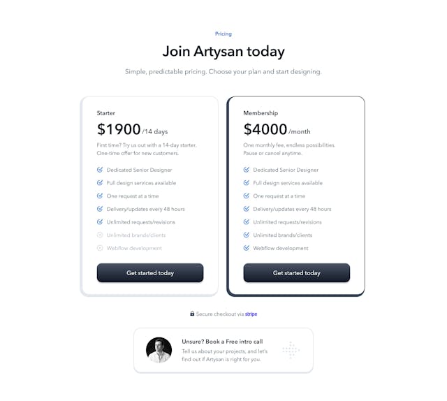 Artysan Pricing Table Preview