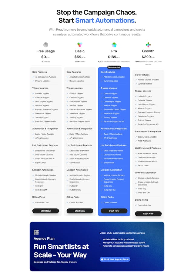 Reactin Pricing Table Preview