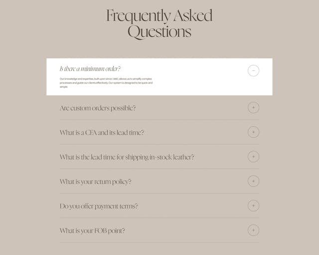 GlobalLeathers FAQ Accordion Preview