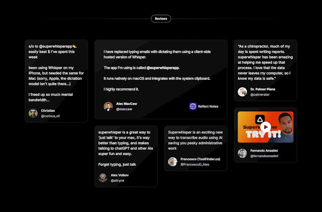 superwhisper Testimonial Tweets Preview