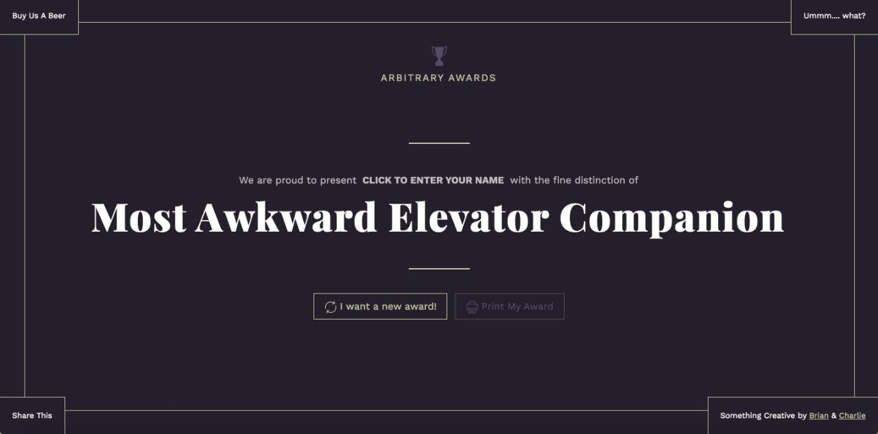 Arbitrary Awards Website Screenshot
