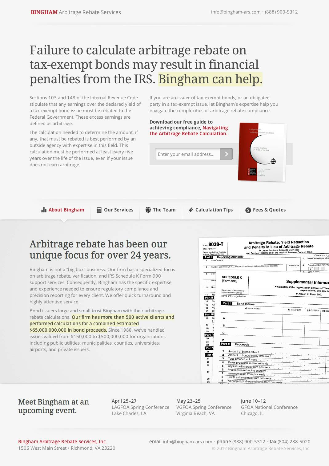 Bingham Arbitrage Rebate Website Screenshot